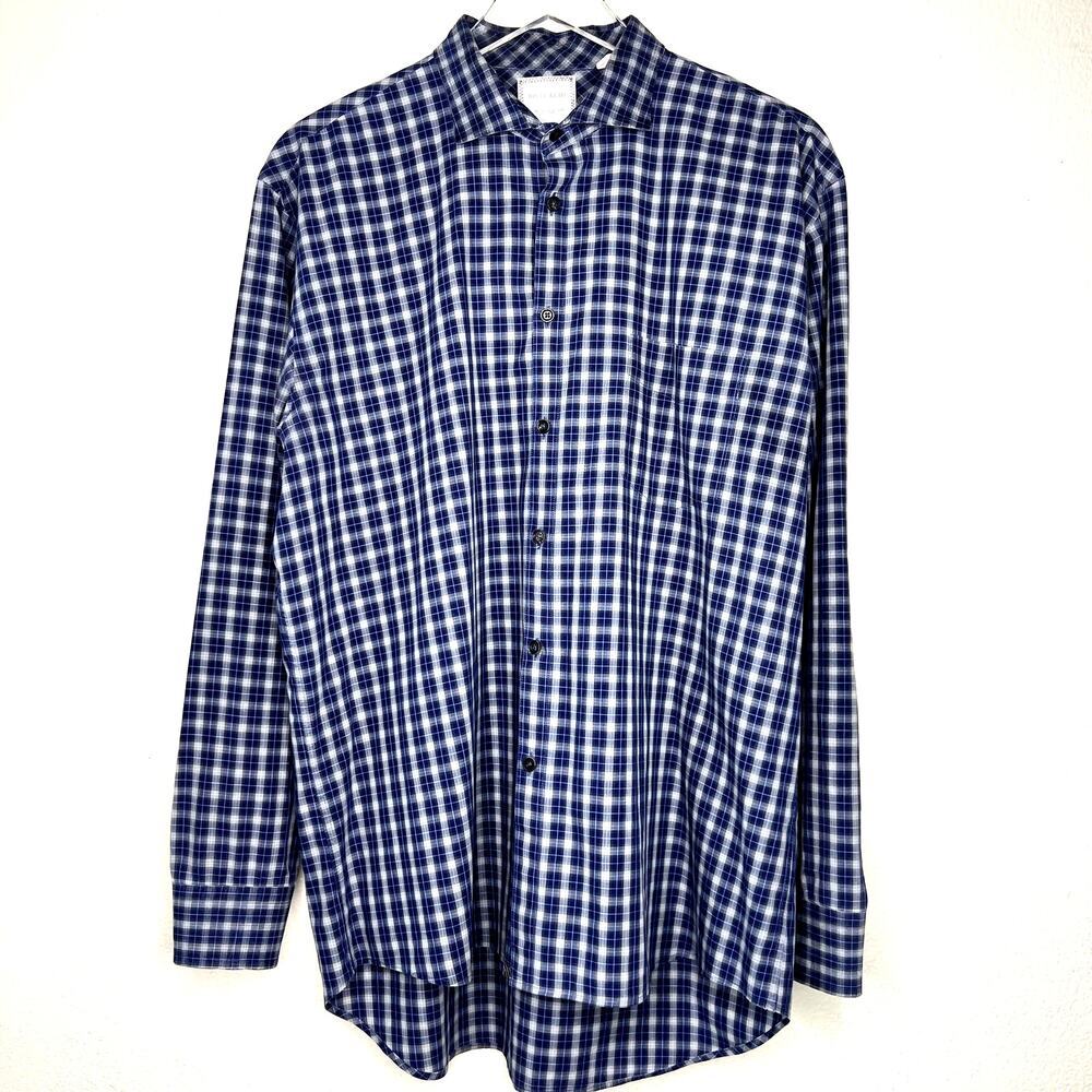 Billy Reid Navy Blue Plaid Button Up Sport Shirt Dress Shirt Men's XL Cotton